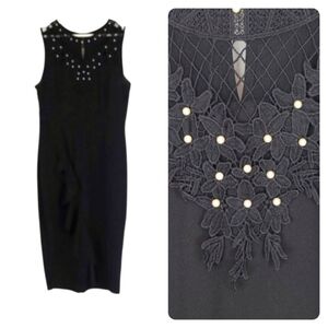 Pearl & Lace Flower Embroidered Sleeveless Formal Dress in Black